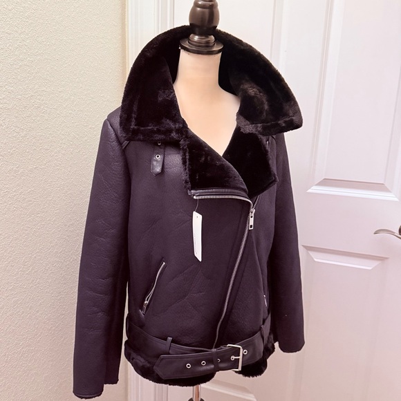 Women's Faux Shearing Moto Jacket Thick Lined Parka Winter Coat Leather Large - Picture 2 of 12